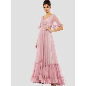 Mac Duggal Rose Pink Butterfly Ruffle Trimmed A-Line Gown Sz 6 Coquette Wedding